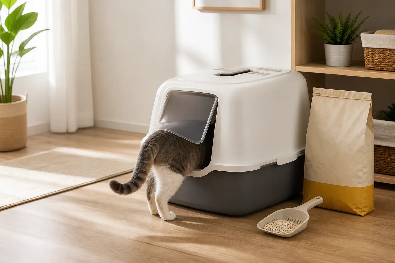 An enclosed litter box with a cat going inside, a litter bag, and a scoop.