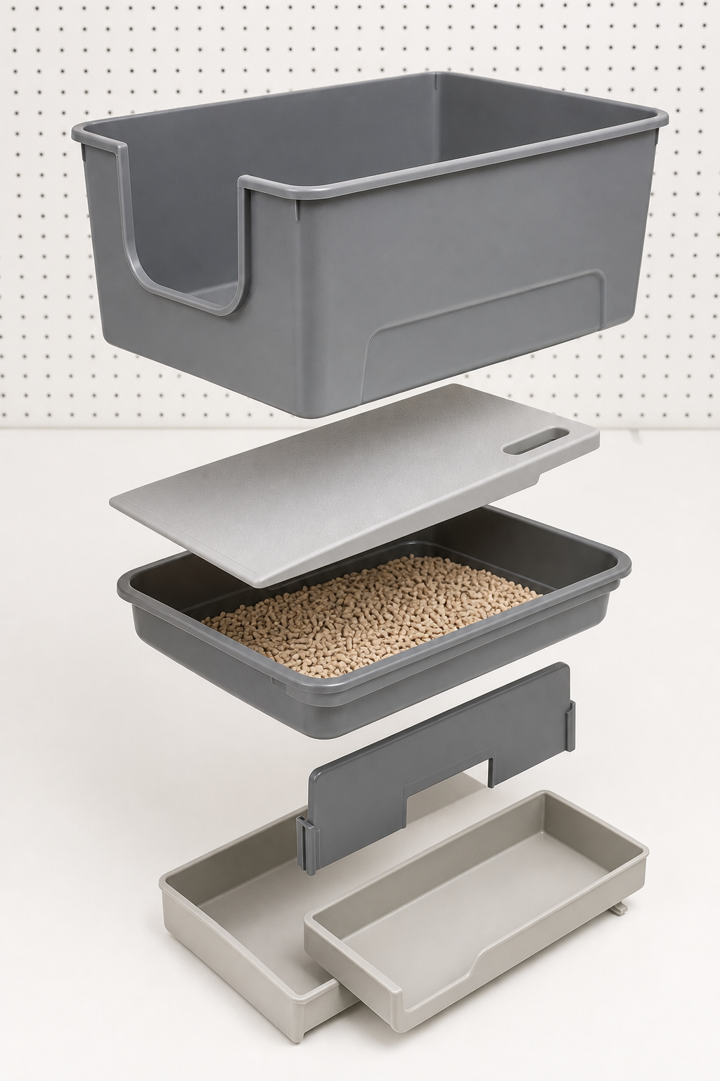 Exploded Catsift build diagram showing upper bin, raised tray, and lower drawer