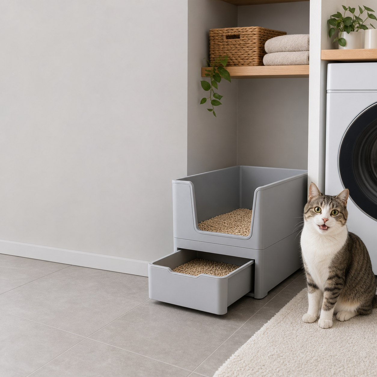 Catsift compact drawer litter box in a laundry nook
