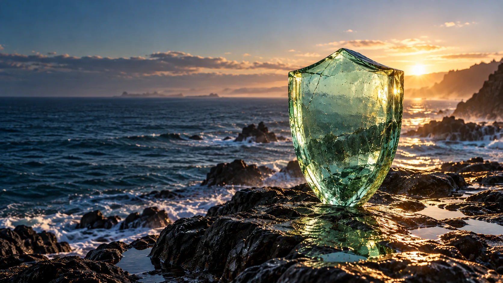 A translucent jade glass shield stands above a quiet ocean at sunrise.